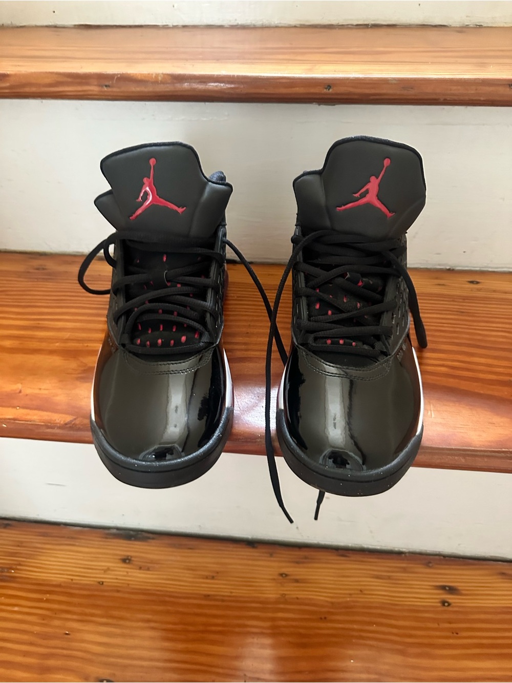 Jordan Black with Red Jumpman High-Gloss Retro Sneakers